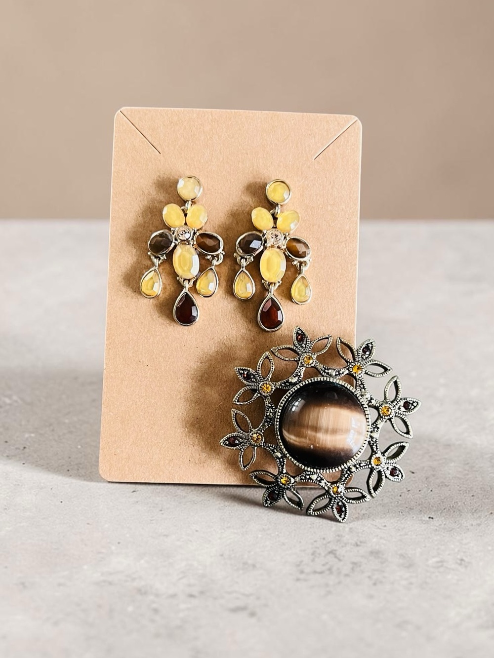 Post Back Teardrop Drop Earrings with Faux Tiger Eye Brooch